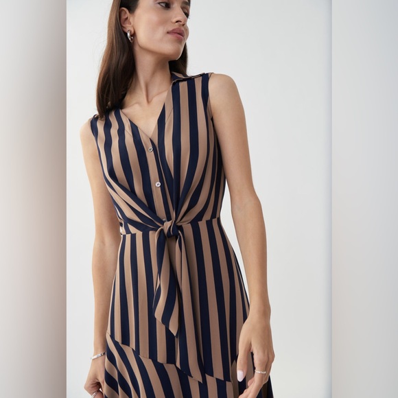 Joseph Ribkoff Midnight Blue-Beige Striped Fit & Flare Dress Style - Picture 11 of 11